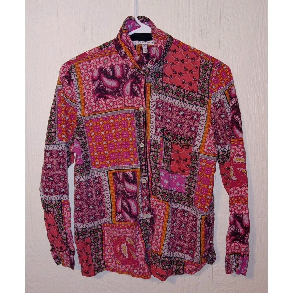 Victoria's Secret Button Up Top Women XS Pink Patchwork Paisley Boho Shirt